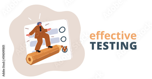 Cartoon vector illustration of a woman undergoing a testing process, with a banner highlighting the concept of assessment and evaluation.