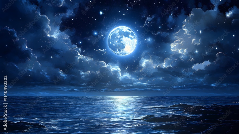 Fototapeta premium A serene night seascape illuminated by a full moon and starry sky.