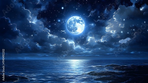 A serene night seascape illuminated by a full moon and starry sky.