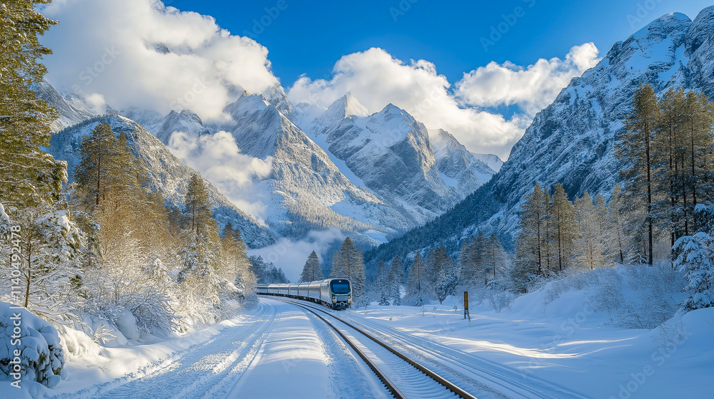 A modern high-speed train is moving among beautiful snowy mountains A modern high-speed train is moving among beautiful snowy mountains