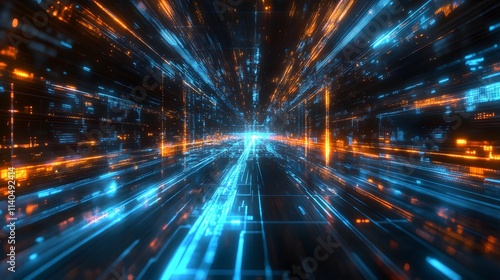 Futuristic abstract digital landscape with blue and orange light trails.