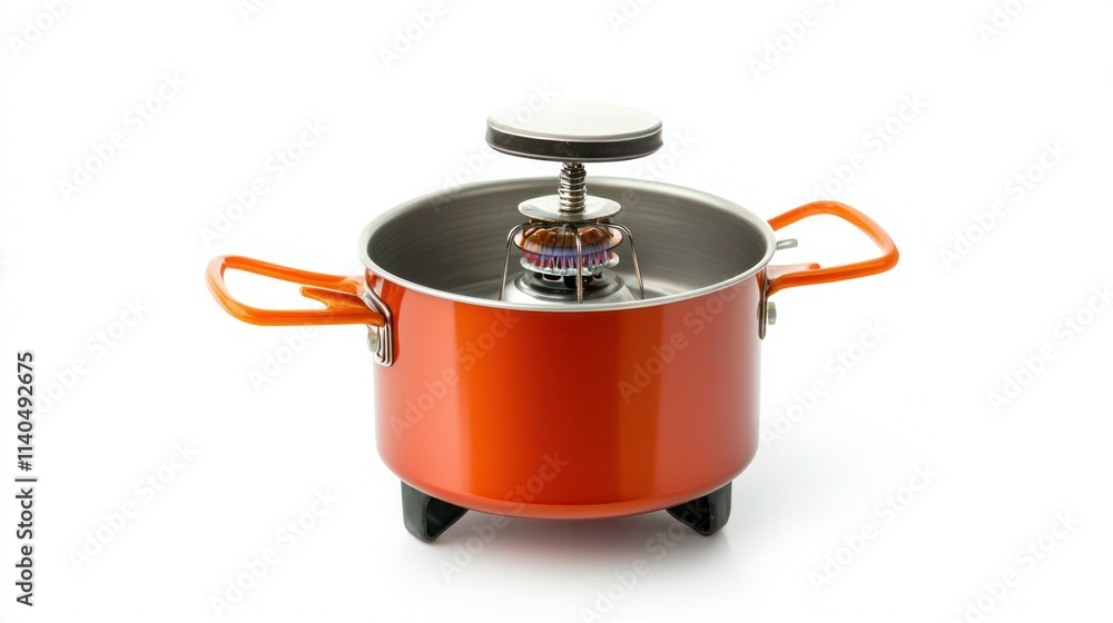 Portable stove: A compact portable camping stove with a pot on top on a white background. Portable stove: A compact portable camping stove with a pot on top on a white background.