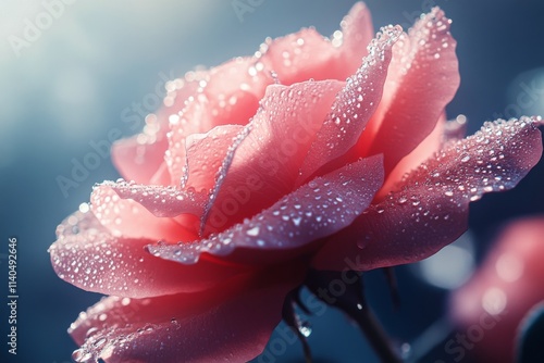 Pink rose with dew drops glistening in soft light during early morning