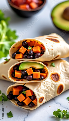Sweet Potato and Black Bean Burritos - Soft burritos filled with spiced sweet potatoes black beans and avocado. background copyspace