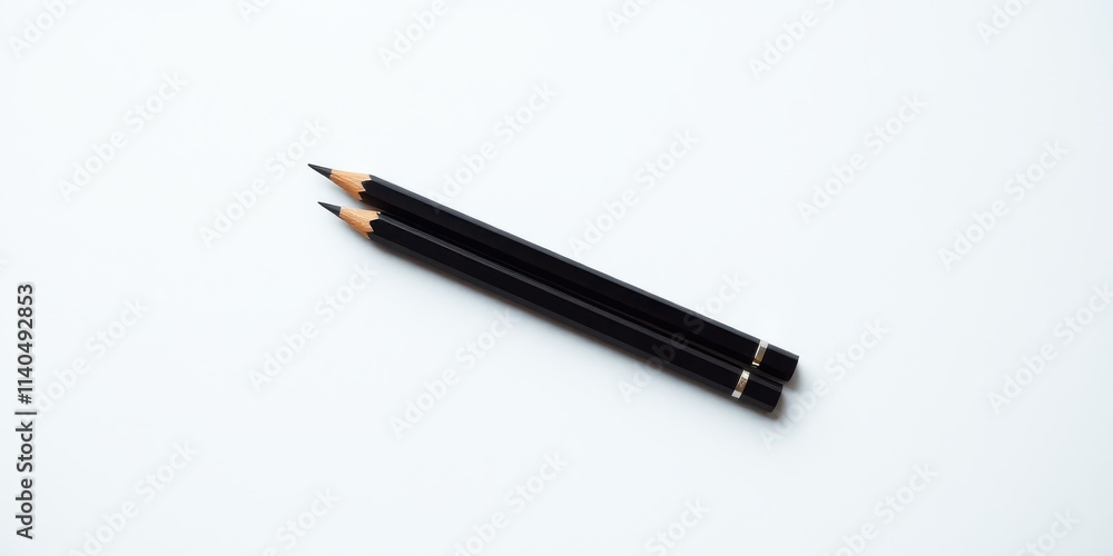 Two black pencils arranged diagonally on a white background, a minimalist stationery image perfect for design projects and presentations. Two black pencils arranged diagonally on a white background, a minimalist stationery image perfect for design projects and presentations.