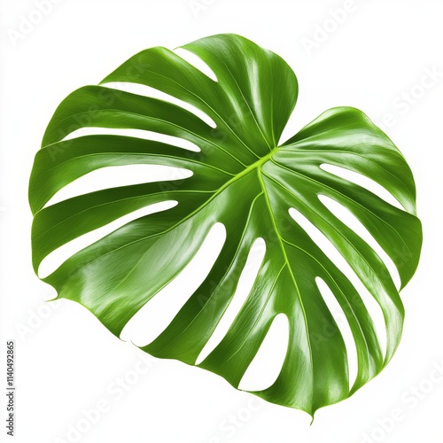 Large green monstera leaf against white background showcasing its unique shap...