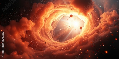 A swirling vortex of fiery clouds reveals a radiant celestial core, illuminating distant planets and cosmic dust