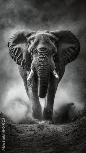 Majestic elephant wades through water under dramatic clouds at dusk