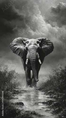 Majestic elephant wades through water under dramatic clouds at dusk