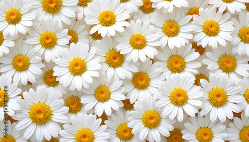 Textured background of white daisies with bright yellow centers creating a cheerful pattern