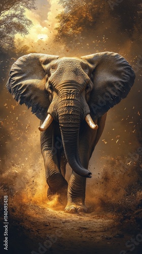 Majestic elephant wades through water under dramatic clouds at dusk