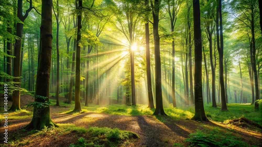 Fototapeta premium Sunlight shining through lush green forest trees