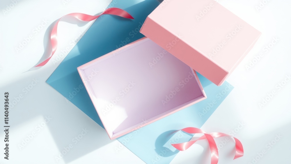 Pastel pink open gift box with ribbons on a blue and white background Pastel pink open gift box with ribbons on a blue and white background