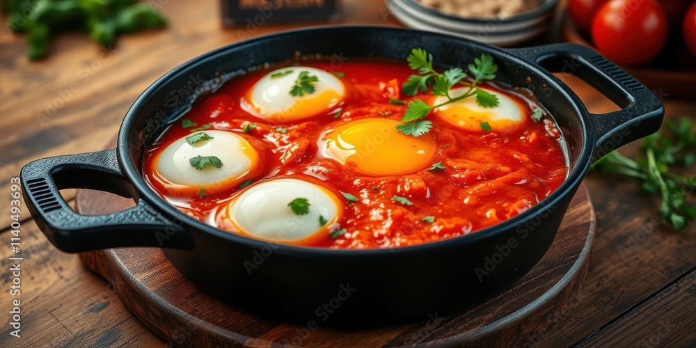 Savory Baked Eggs in Spicy Tomato Sauce, Garnished with Fresh Herbs in a Cast Iron Dish Savory Baked Eggs in Spicy Tomato Sauce, Garnished with Fresh Herbs in a Cast Iron Dish