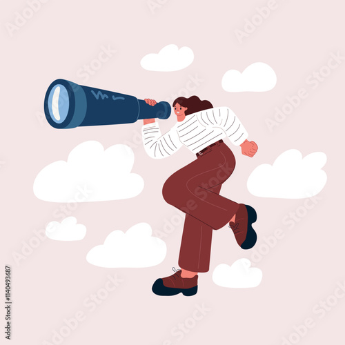 Cartoon vector illustration of a woman looking through a telescope while flying in the sky, symbolizing exploration, adventure, and curiosity.
