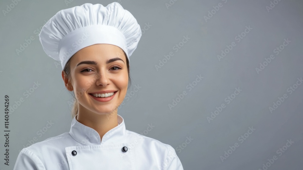 cooking, culinary and people concept - happy smiling female chef in white toque and jacket over grey background cooking, culinary and people concept - happy smiling female chef in white toque and jacket over grey background