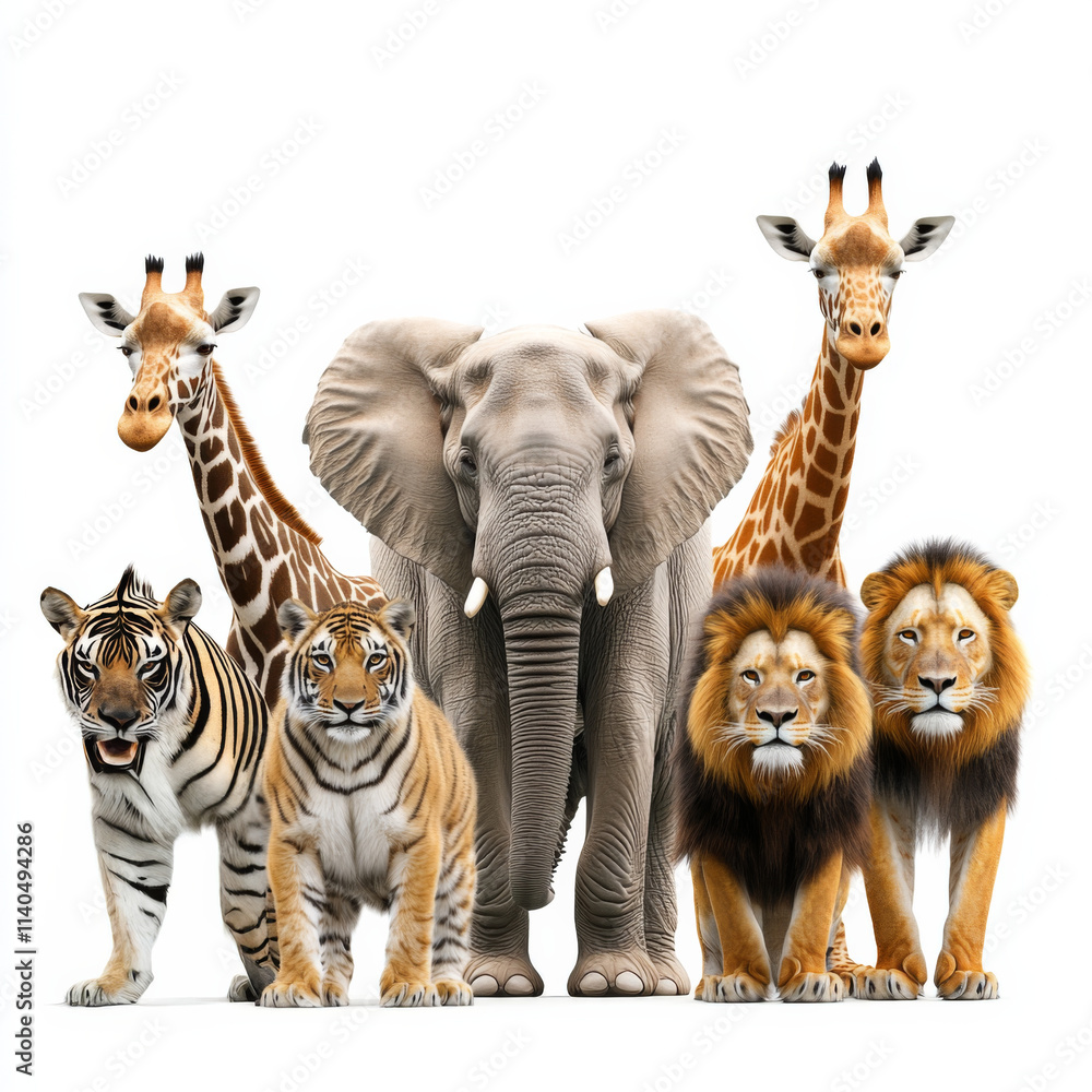 Obraz premium majestic group of wild animals including elephant, lions, tigers, and giraffes, showcasing beauty of nature and wildlife. This vibrant scene captures essence of animal kingdom