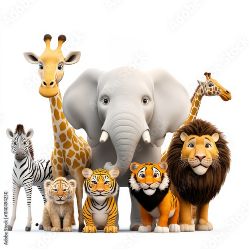 Fototapeta Naklejka Na Ścianę i Meble -  Cute cartoon animals including elephant, lion, tiger, zebra, and giraffe standing together in friendly group. This vibrant illustration showcases their playful expressions and colorful features