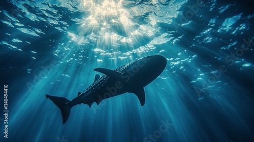 Swimming shark gliding through sunlit ocean waters in serene underwater lands...