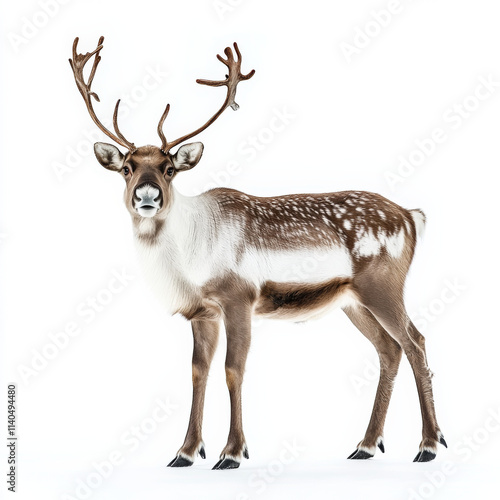 majestic reindeer standing on white background, showcasing its impressive antlers and unique coat patterns. This captures beauty and grace of this iconic animal