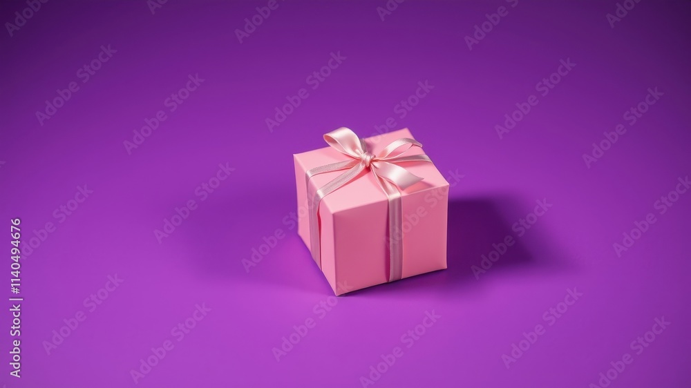 A small pink gift box with a delicate light pink ribbon bow sits on a purple background. A small pink gift box with a delicate light pink ribbon bow sits on a purple background.