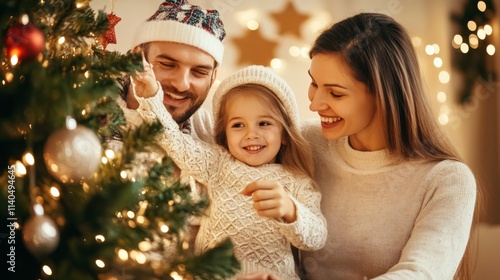 family, winter holidays and people concept - happy mother, father and little daughter decorating christmas tree at home