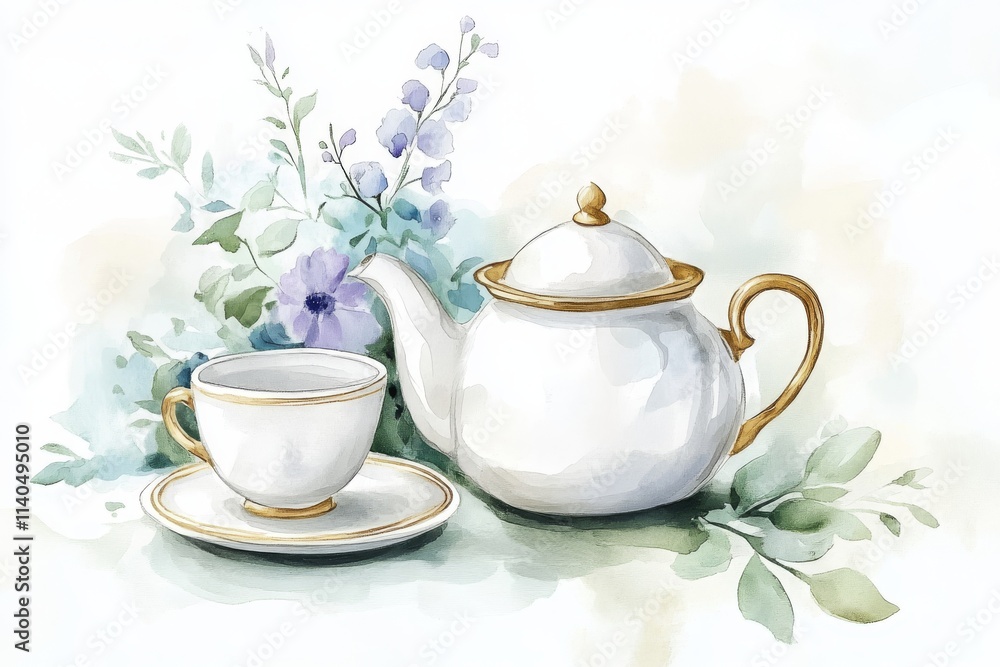Design illustration Set of tea cup, coffee pot and flowers. Watercolor paints Design illustration Set of tea cup, coffee pot and flowers. Watercolor paints