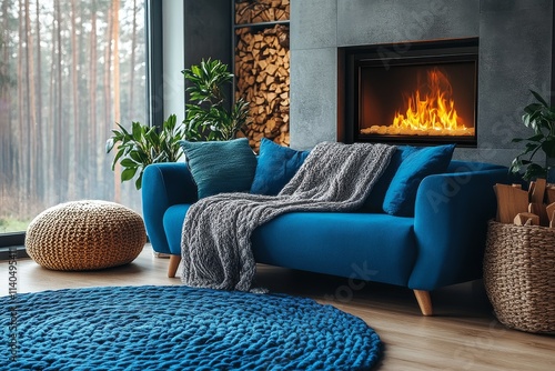 Cozy living room with blue sofa and warm fireplace in a modern home setting
