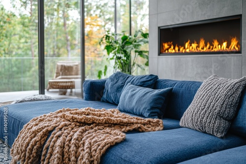 Cozy living room with blue sofa and warm fireplace in a modern home setting