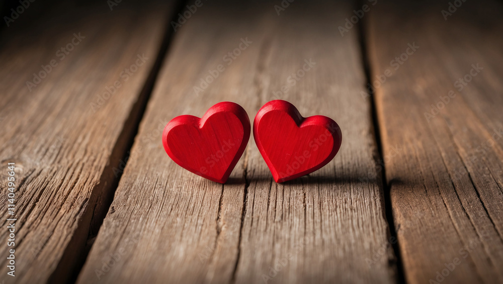 Two Red Hearts on a Wooden Surface Two Red Hearts on a Wooden Surface