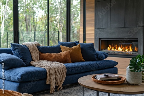 Cozy living room with blue sofa and warm fireplace in a modern home setting