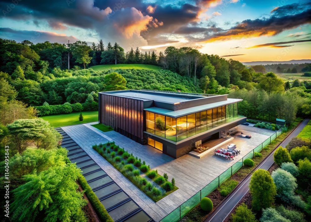 Naklejka premium Lush Green Architecture: Mic Recording Studio Design, Modern Green Building, Sustainable Eco-Friendly Architecture, Green Spaces, Architectural Photography