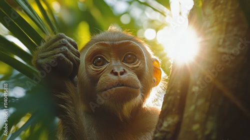Curious young monkey explores tropical forest during golden hour