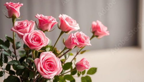 A bouquet of pink roses arranged elegantly on a table.