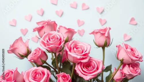 A bouquet of pink roses with heart decorations, symbolizing love and affection.