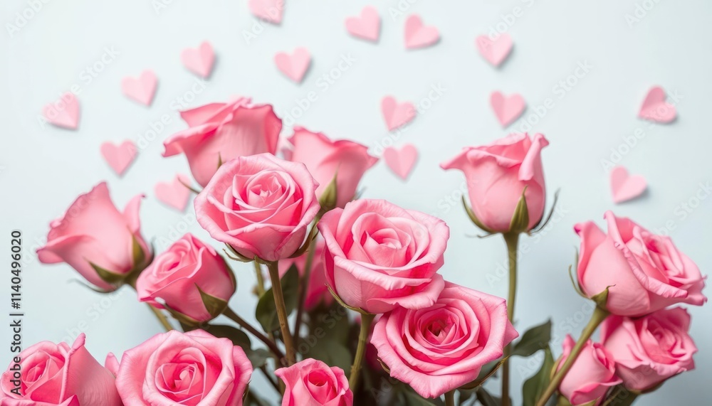 A bouquet of pink roses with heart-shaped decorations in the background. A bouquet of pink roses with heart-shaped decorations in the background.