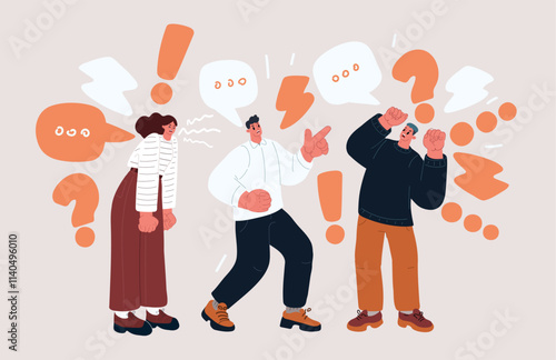 Cartoon vector illustration of a group of people arguing with each other, symbolizing conflict, disagreement, and tension.