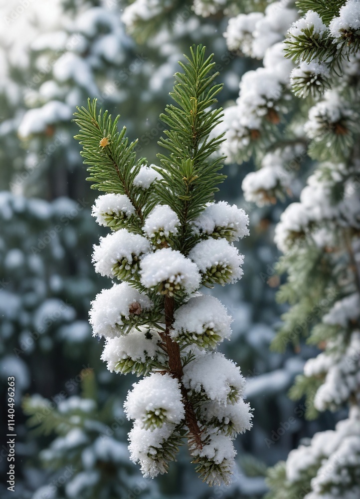Winter green coniferous twig with white bark and green cones on a snowy background, branch, winter scene, evergreen tree Winter green coniferous twig with white bark and green cones on a snowy background, branch, winter scene, evergreen tree
