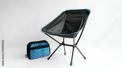 Camping chair: A collapsible camping chair with its carrying bag beside it on a white background. photo