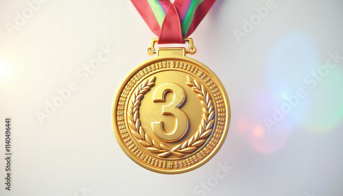 Golden third place medal with laurel wreath detail and ribbon photo