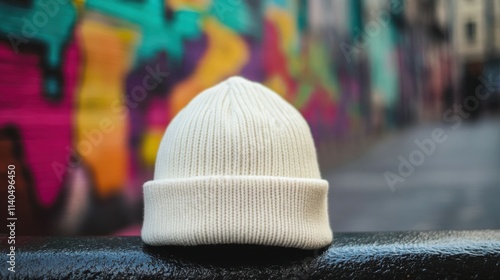 This image features a white beanie hat mockup placed on a black surface in an urban street scene with colorful graffiti blurred in the background.