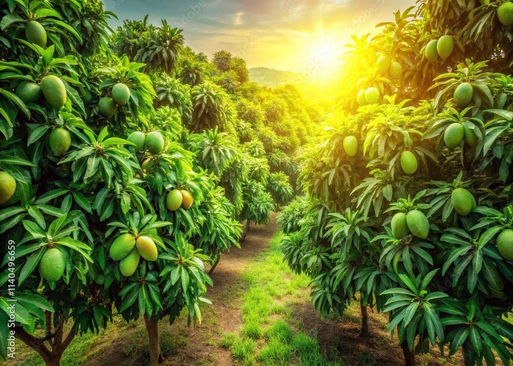 Obraz premium Lush Green Mango Orchard Aerial View - Drone Photography, High-Resolution Aerial Image of Mango Plantation, Green Mango Trees from Above