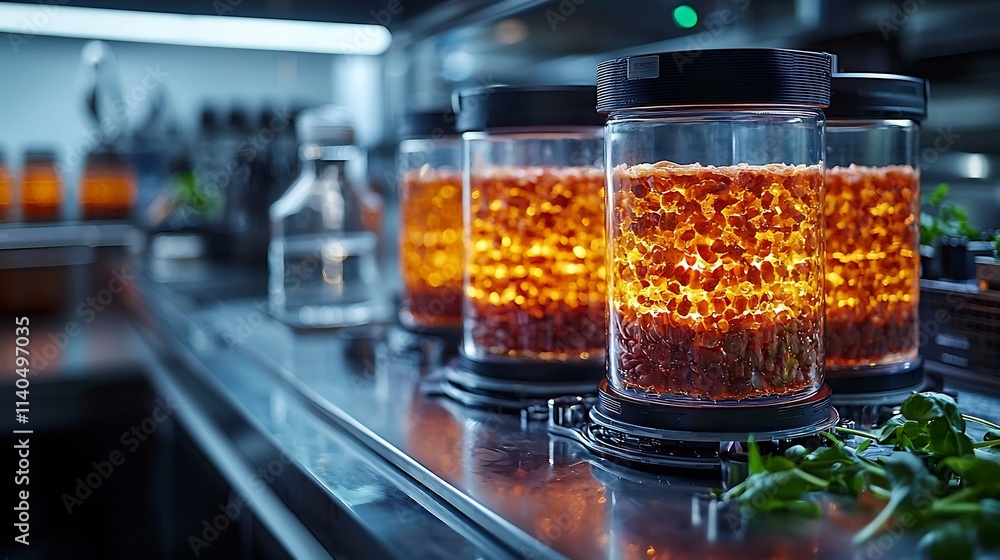 Futuristic Bioreactors Cultivating Lab Grown Muscle Tissue on Sterile Modern Laboratory Countertop Futuristic Bioreactors Cultivating Lab Grown Muscle Tissue on Sterile Modern Laboratory Countertop