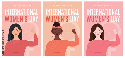 Happy 8 March International Women's Day poster. Accelerate Action 2025 campaign. Vector illustration in flat style.