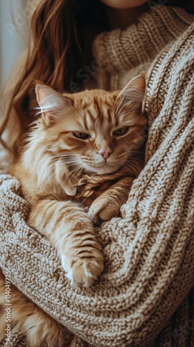 Cozy indoor moment with a woman and her fluffy orange cat in winter