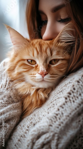 Cozy indoor moment with a woman and her fluffy orange cat in winter