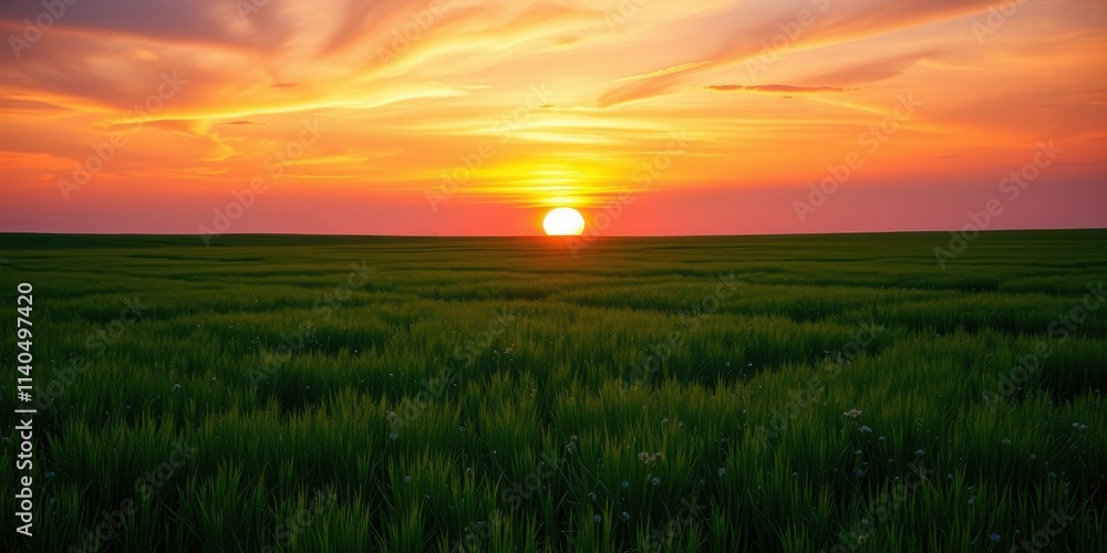 Serene Sunset Over Lush Green Field, Painting the Sky with Vibrant Hues Serene Sunset Over Lush Green Field, Painting the Sky with Vibrant Hues