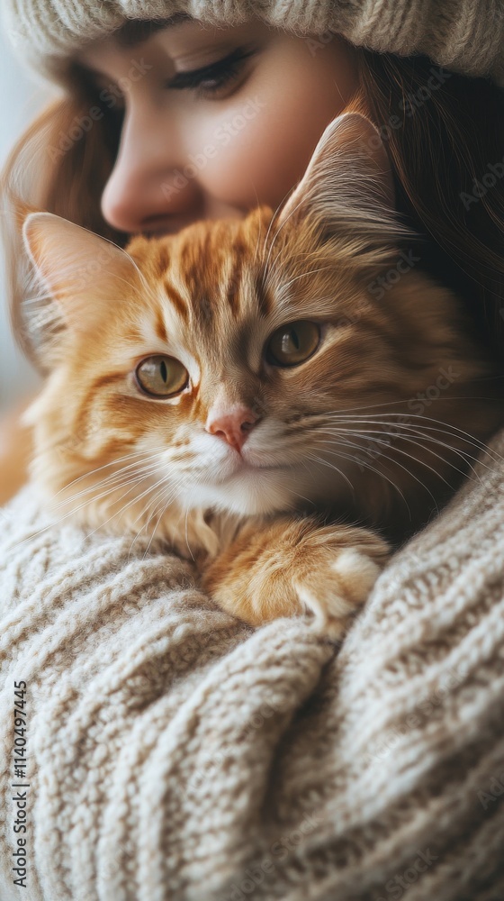 Cozy indoor moment with a woman and her fluffy orange cat in winter Cozy indoor moment with a woman and her fluffy orange cat in winter