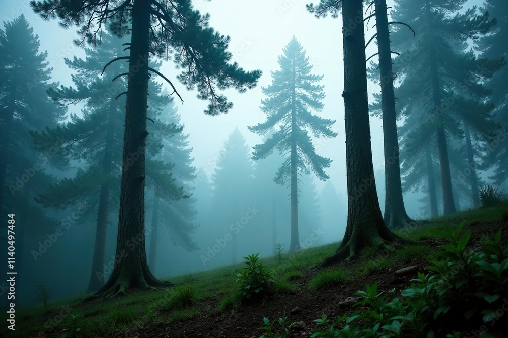 Fototapeta premium dense forest with towering trees swaying in wind, fog, hill, forest