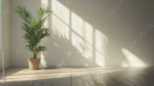 Bright sunlight illuminating a corner with a potted palm in a minimalistic in...